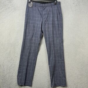 Murano Zac Fit Mens 32X32 Dress Pants Navy Blue Plaid Flat Front Authentic NEW